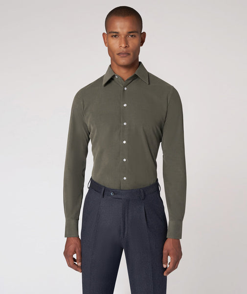 Camisa a medida de hombre verde, en terciopelo de algodón